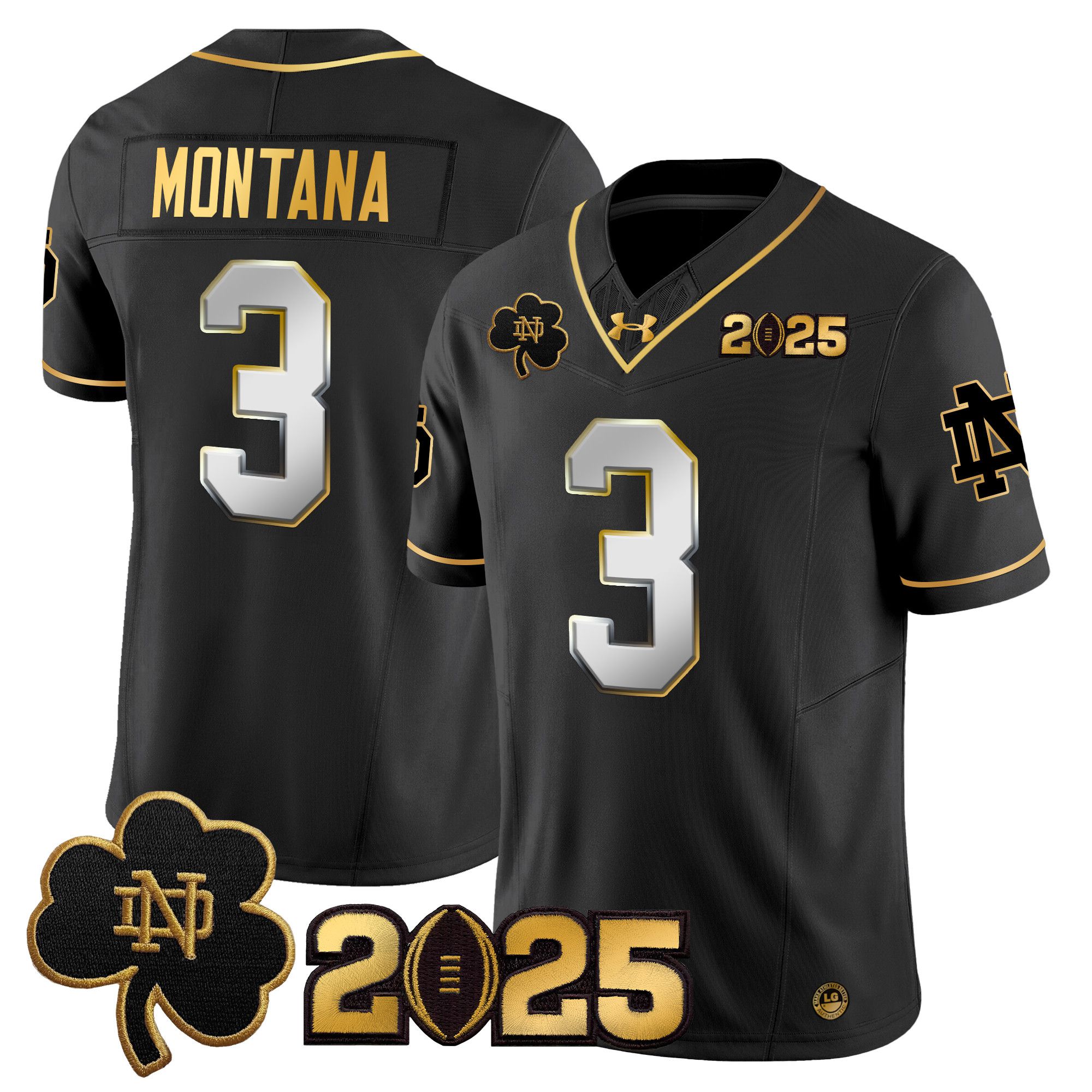 Men Notre Dame Fighting Irish 3 Montana Black 2025 CFP Final Patch Gold Vapor Limited NCAA Jersey style 2